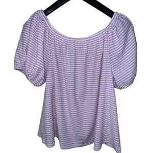 Purple Gingham Lane Bryant 1X  18W 20W Elastic Neck Puff Short Sleeve Crinkle